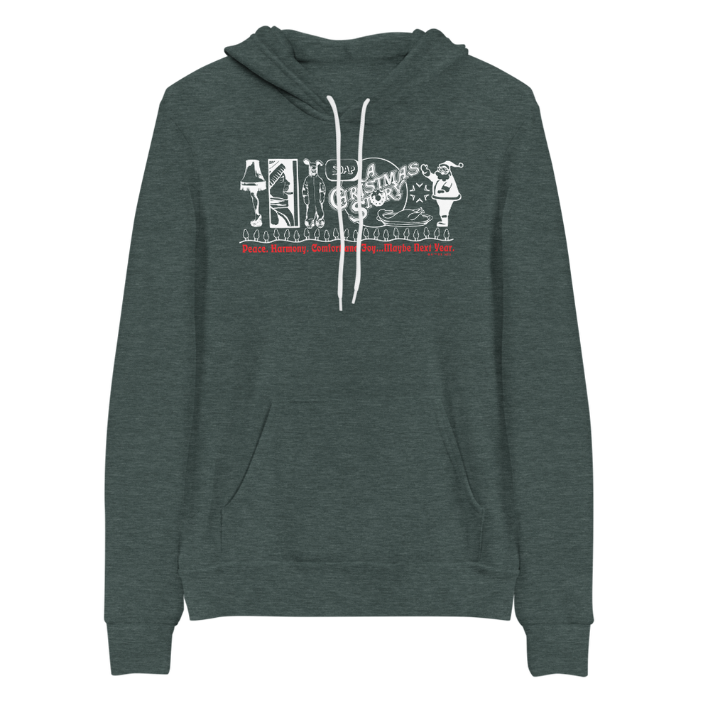 A Christmas Story Peace, Harmony, Comfort, Joy Adult Fleece Hooded Sweatshirt Heather Forest